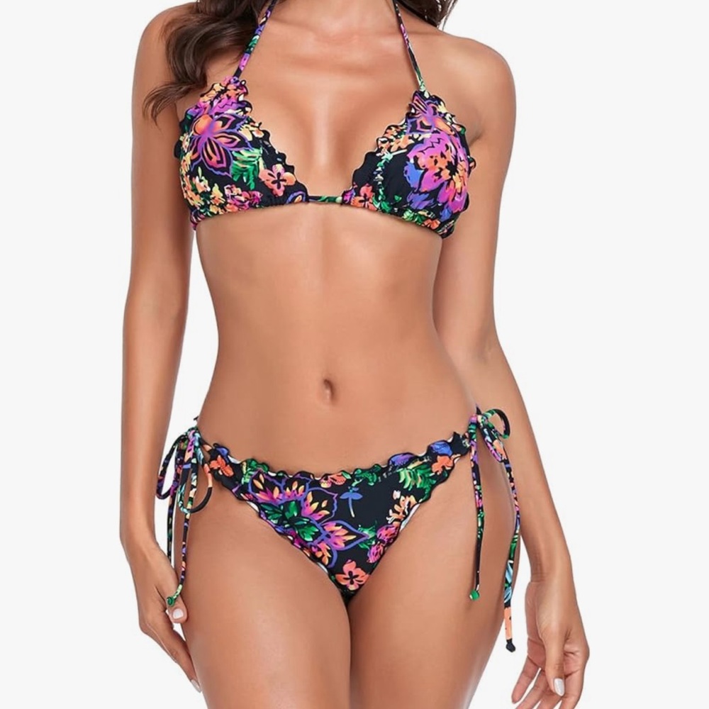 Relleciga Tropical Floral Bikini Set High Waist Ruffle Triangle Top Black‎ M/S